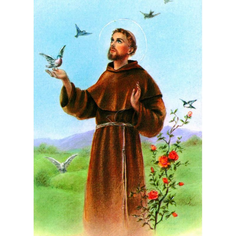 Święty Franciszek - Ikona dwustronna z modlitwą format A5 - Ikony z  tektury introligatorskiej. - Święty Franciszek - Ikona dwustronna z modlitwą format A5
