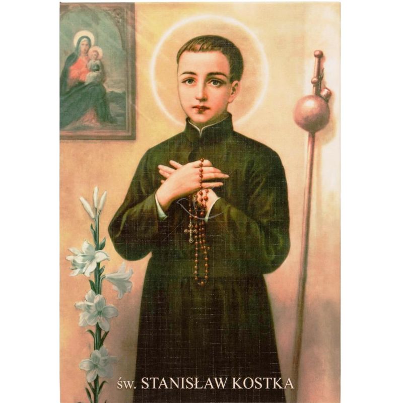 Święty Stanisław Kostka - Ikona dwustronna z modlitwą format A5 - Ikony z  tektury introligatorskiej. - Święty Stanisław Kostka - Ikona dwustronna z modlitwą format A5