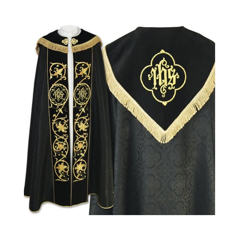Kapa czarna haftowana IHS - aksamitne pasy (78) - KAPY LITURGICZNE - Kapa czarna haftowana IHS - aksamitne pasy (78)