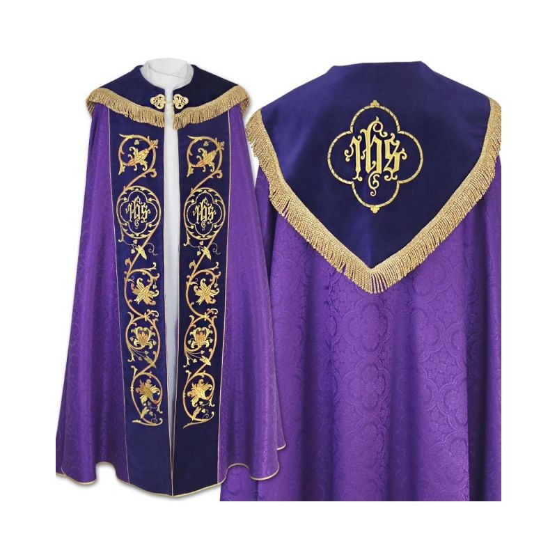 Kapa fioletowa haftowana IHS - aksamitne pasy (80) - KAPY LITURGICZNE - Kapa fioletowa haftowana IHS - aksamitne pasy (80)