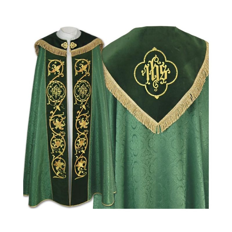 Kapa zielona haftowana IHS - aksamitne pasy (81) - KAPY LITURGICZNE - Kapa zielona haftowana IHS - aksamitne pasy (81)