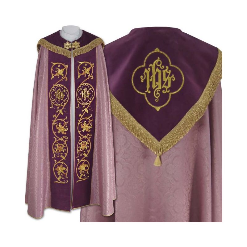 Kapa blady róż haftowana IHS - aksamitne pasy (82) - KAPY LITURGICZNE - Kapa blady róż haftowana IHS - aksamitne pasy (82)