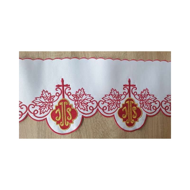 Metraż haftowany  czerwony, IHS - OBRUSY OŁTARZOWE - Metraż haftowany  czerwony, IHS