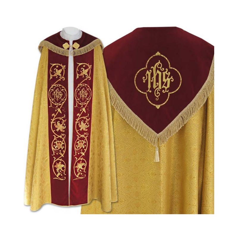 Kapa  złota wzór gotycki - tkanina żakard, aksamitne pasy (18) - KAPY LITURGICZNE - Kapa  czerwona wzór gotycki - tkanina żakard, aksamitne pasy (18)