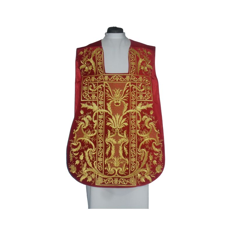 Ornat rzymski czerwony haftowany motyw eucharystyczny, aksamit (75) - Ornaty rzymskie - Ornat rzymski czerwony haftowany motyw eucharystyczny, aksamit (75)