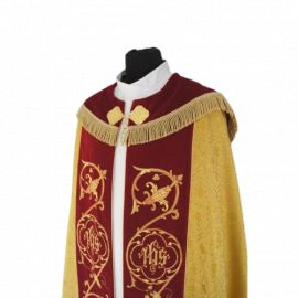 Kapa  złota wzór gotycki - tkanina żakard, aksamitne pasy (18) - KAPY LITURGICZNE - zdjęcie 2 - Kapa  czerwona wzór gotycki - tkanina żakard, aksamitne pasy (18)