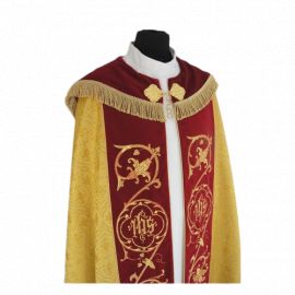 Kapa  złota wzór gotycki - tkanina żakard, aksamitne pasy (18) - KAPY LITURGICZNE - zdjęcie 3 - Kapa  czerwona wzór gotycki - tkanina żakard, aksamitne pasy (18)