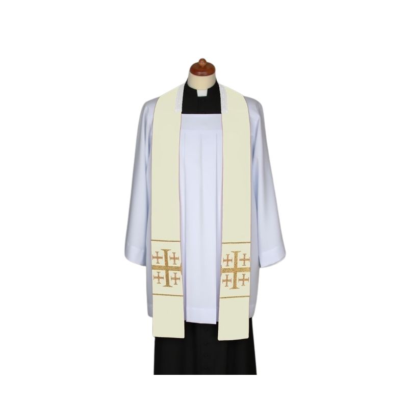 Stuła ecru do kazań, krótka, naszywane krzyże (3) - EUCHARYSTYCZNE - Stuła ecru do kazań, krótka, naszywane krzyże (3)