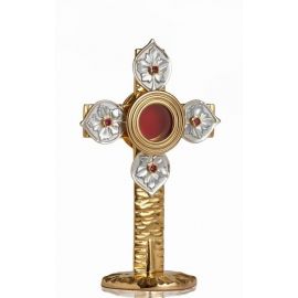 Relikwiarz mosiężny, złocony 22 cm - Krzyż z listkami (4S) - RELIKWIARZE