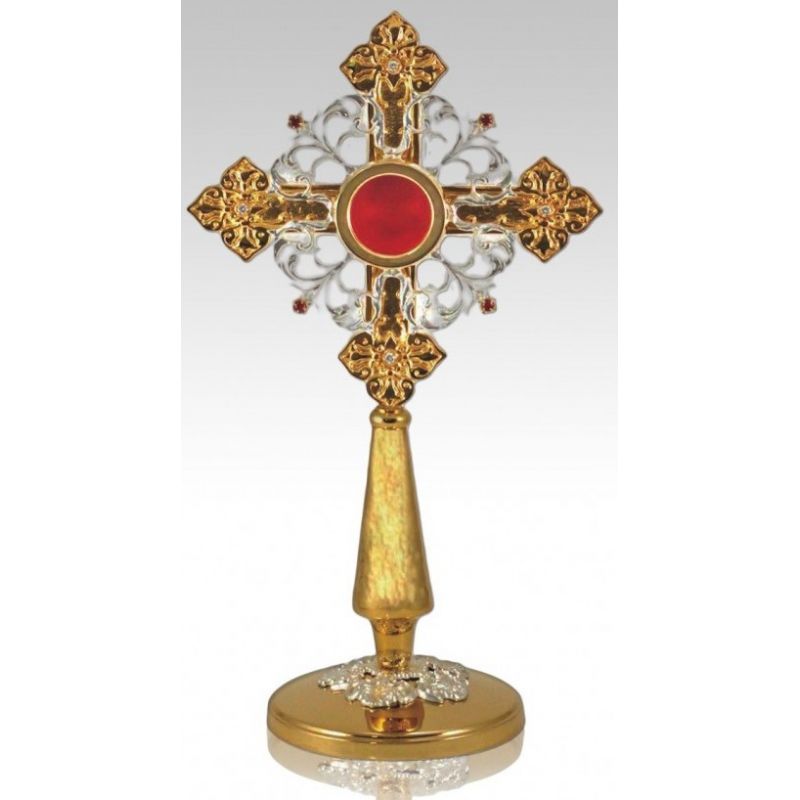 Relikwiarz mosiężny, złocony 40 cm - w formie krzyża (6S) - RELIKWIARZE - Relikwiarz mosiężny, złocony 40 cm - w formie krzyża (6S)
