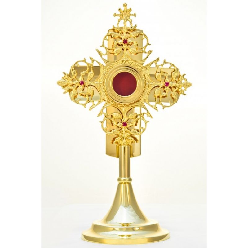 Relikwiarz mosiężny, złocony 33 cm - (11S) - RELIKWIARZE - Relikwiarz mosiężny, złocony 33 cm - (11S)