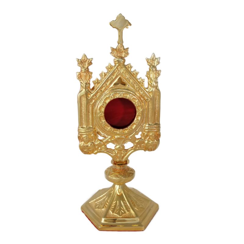 Relikwiarz neogotycki z futerałem, odlew  mosiężny, złocony -30 cm (1A) - RELIKWIARZE - Relikwiarz neogotycki z futerałem, odlew  mosiężny, złocony -30 cm (1A)