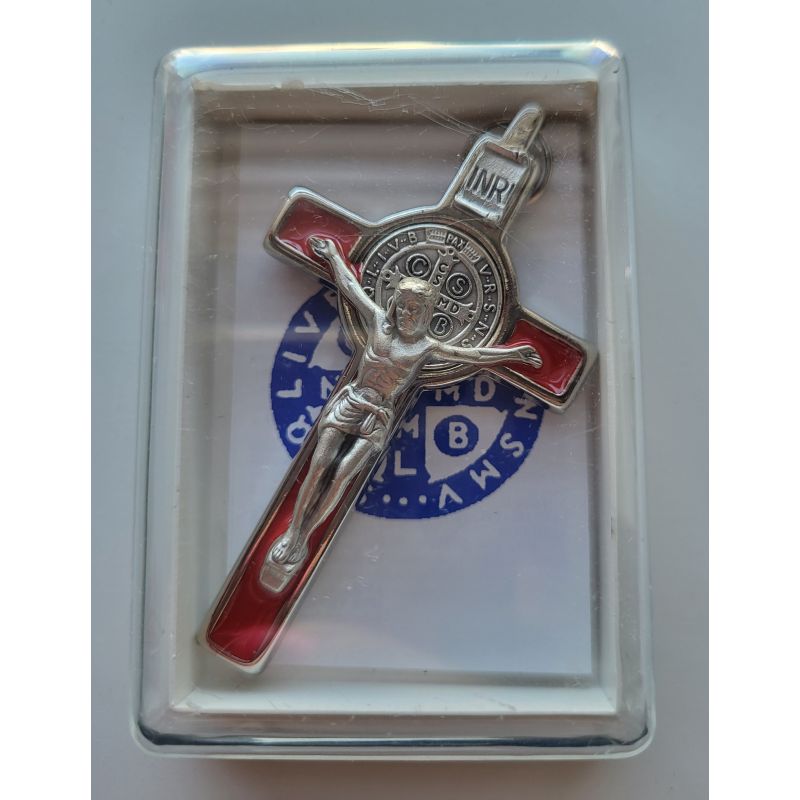 Krzyż Św. Benedykta, metalowy, emalia czerwona 8 x 4,2 cm - KRZYŻE, KRZYŻYKI - Krzyż Św. Benedykta, metalowy, emalia czerwona 8 x 4,2 cm