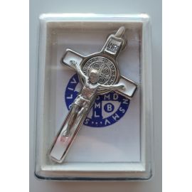 Krzyż Św. Benedykta, metalowy, emalia biała 8 x 4,2 cm - KRZYŻE, KRZYŻYKI