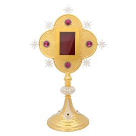 Relikwiarz pozłacany, ornamenty srebrzone, wysokość 42 cm (29) - RELIKWIARZE