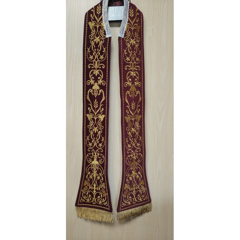 Stuła bordowa z motywem eucharystycznym, aksamit - 120 cm - EUCHARYSTYCZNE - Stuła czerwona z motywem eucharystycznym