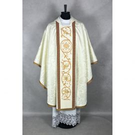 Ornat gotycki, haftowany IHS, tkanina żakard (10K) - Ornaty białe/ ecru - zdjęcie 2 - Ornat gotycki, haftowany IHS, tkanina żakard (10K)