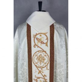 Ornat gotycki, haftowany IHS, tkanina żakard (10K) - Ornaty białe/ ecru - zdjęcie 4 - Ornat gotycki, haftowany IHS, tkanina żakard (10K)