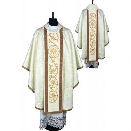 Ornat gotycki, haftowany IHS, tkanina żakard (10K) - Ornaty białe/ ecru