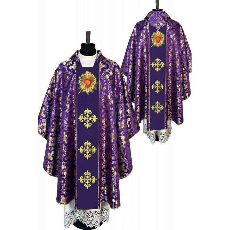 Ornat gotycki fioletowy, haftowany Serce w Koronie (16K) - ORNATY NA WIELKI POST - Ornat gotycki fioletowy, haftowany Serce w Koronie (16K)