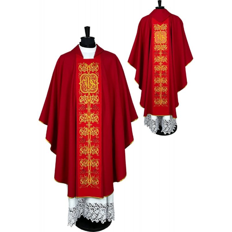 Ornat gotycki czerwony, haftowany IHS (34K) - ORNATY NA WIELKI POST - Ornat gotycki czerwony, haftowany IHS (34K)