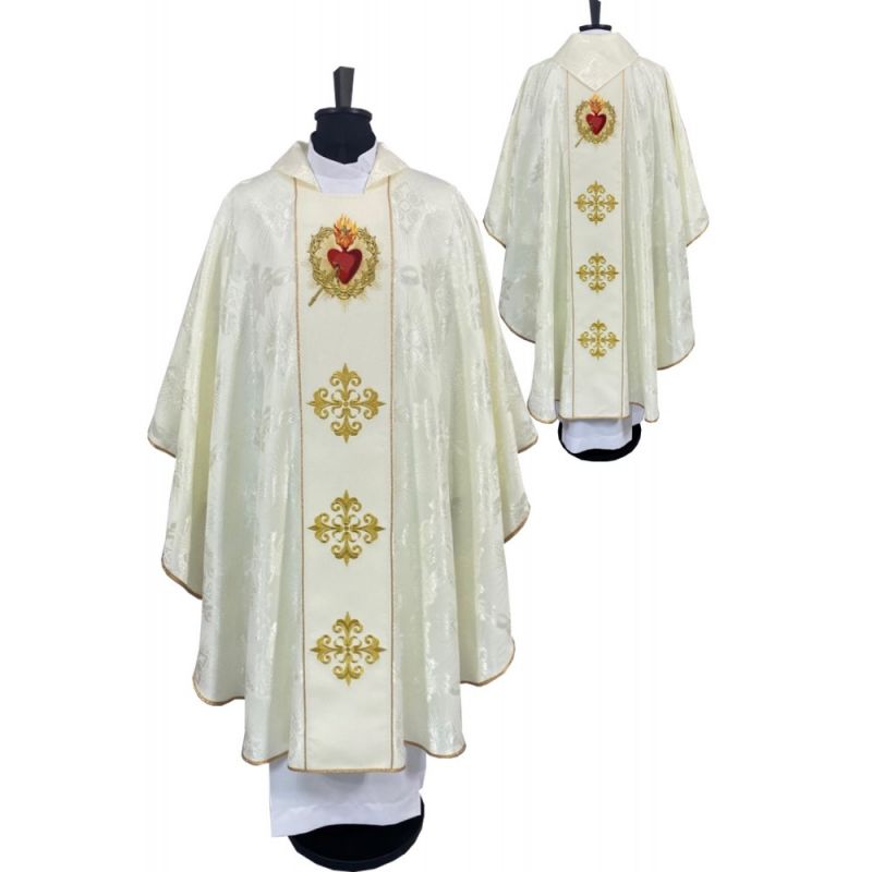 Ornat gotycki biały, haftowany - Serce w Koronie (77K) - Ornaty białe/ ecru - Ornat gotycki biały, haftowany - Serce w Koronie (77K)