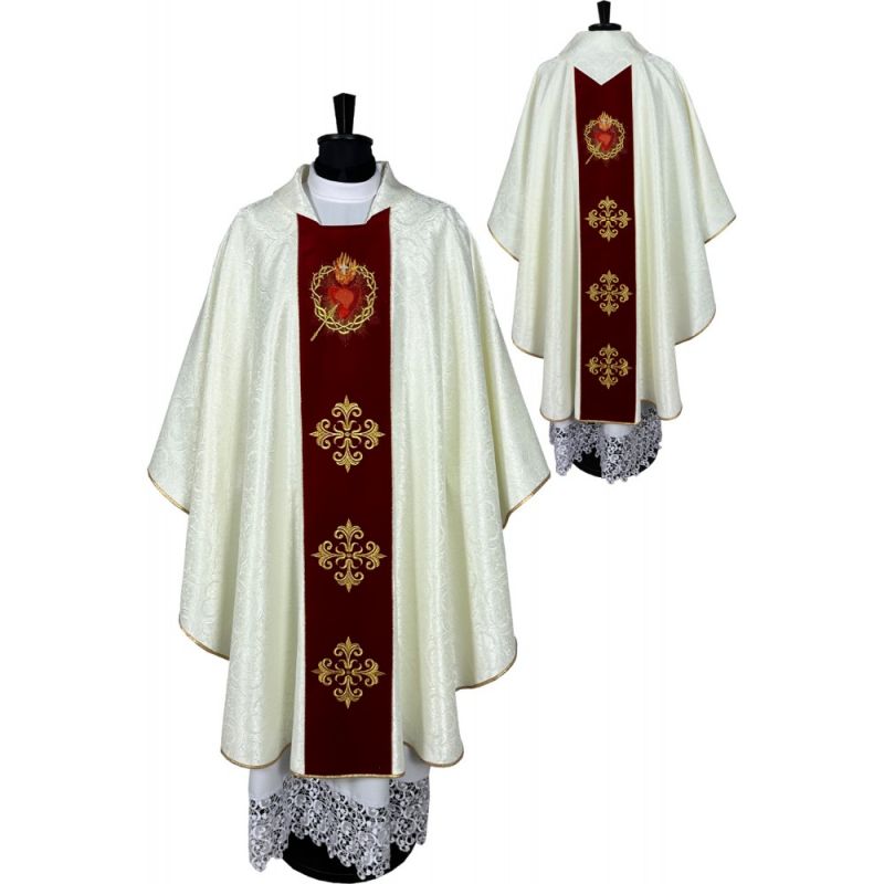Ornat gotycki biały, haftowany, pas aksamit - Serce w Koronie (83K) - Ornaty białe/ ecru - Ornat gotycki biały, haftowany, pas aksamit - Serce w Koronie (83K)