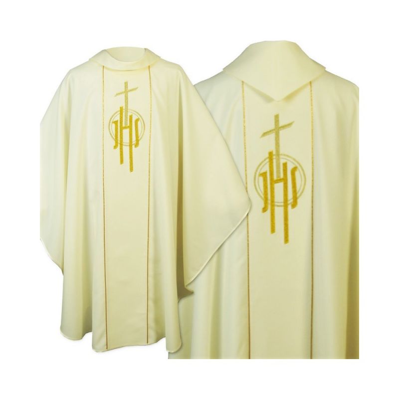 Ornat gotycki ecru, haftowany IHS (124K) - Ornaty białe/ ecru - Ornat gotycki ecru, haftowany IHS (124K)