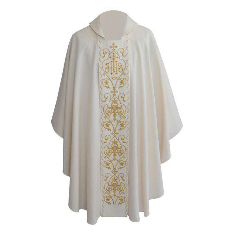 Ornat gotycki ecru, haftowany IHS, strecz (131K) - Ornaty białe/ ecru - Ornat gotycki ecru, haftowany IHS, strecz (131K)