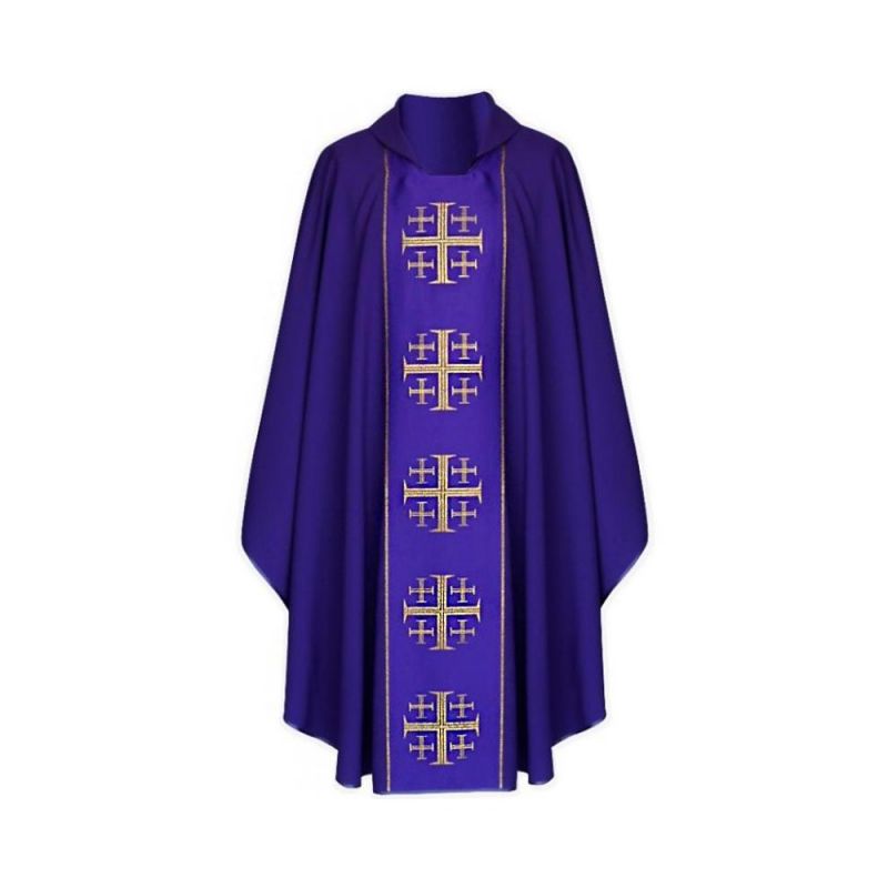 Ornat gotycki fioletowy, tkany pas Krzyże Jerozolimskie (143K) - Ornaty fioletowe - Ornat gotycki fioletowy, tkany pas Krzyże Jerozolimskie (143K)