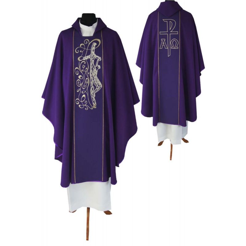 Ornat gotycki fioletowy, haftowany Chrystus na krzyżu (144K) - ORNATY NA WIELKI POST - Ornat gotycki fioletowy, haftowany Chrystus na krzyżu (144K)