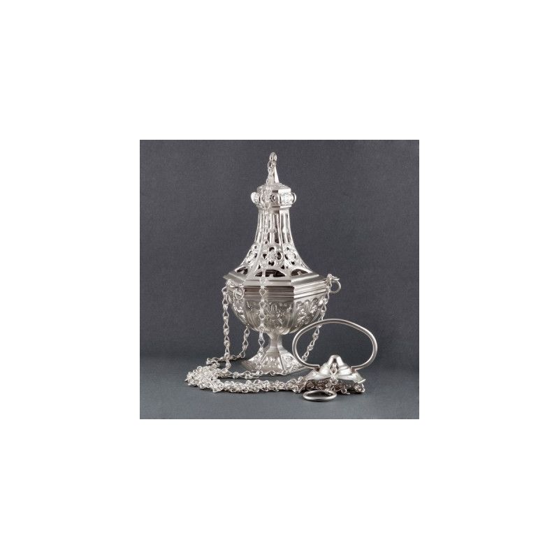Trybularz mosiężny srebrzony wys. 26 cm - TRYBULARZE, ŁÓDKI - Trybularz mosiężny srebrzony wys. 26 cm