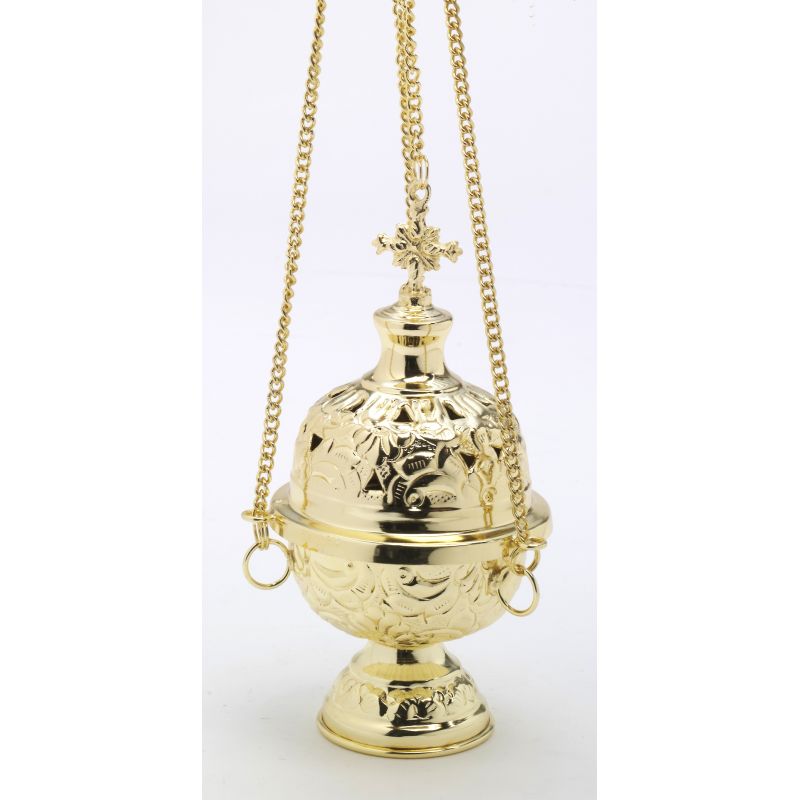 Trybularz mosiężny, pozłacany, zdobiony - 18 cm - TRYBULARZE, ŁÓDKI - Trybularz mosiężny, zdobiony - 18 cm