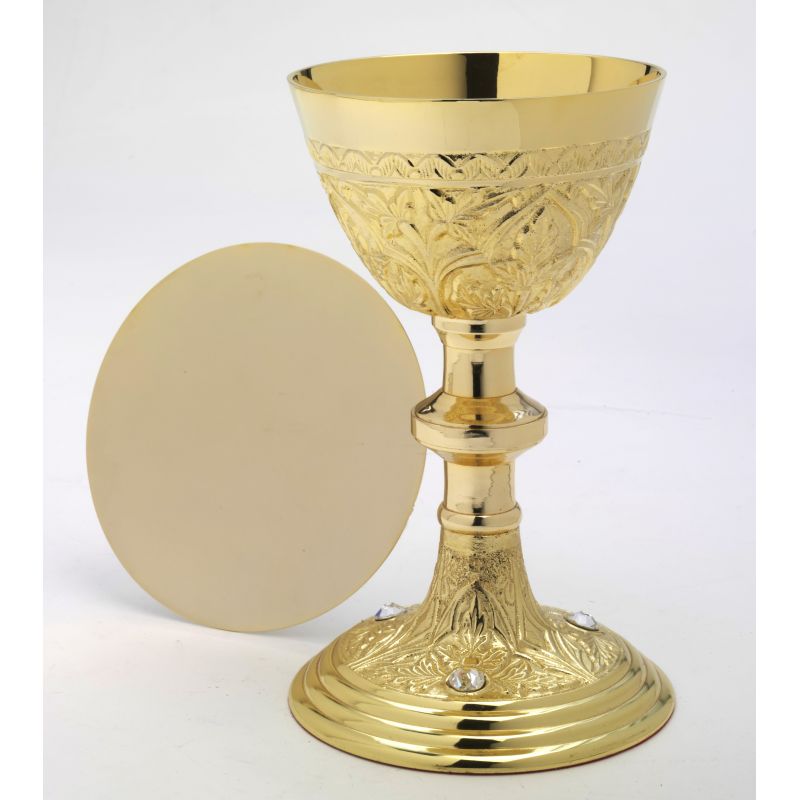 Kielich z kamieniami szlachetnymi + patena, pozłacany - 22 cm - KIELICHY MSZALNE - Kielich z kamieniami szlachetnymi + patena, pozłacany - 22 cm