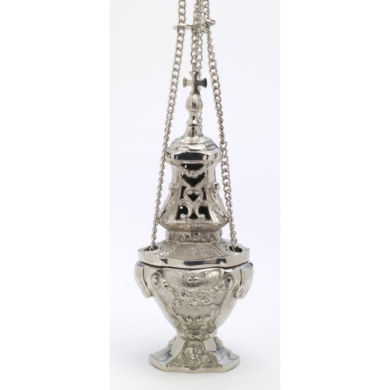 Trybularz mosiężny, niklowany, odlewany - 30 cm - TRYBULARZE, ŁÓDKI - Trybularz mosiężny, niklowany, odlewany - 30 cm