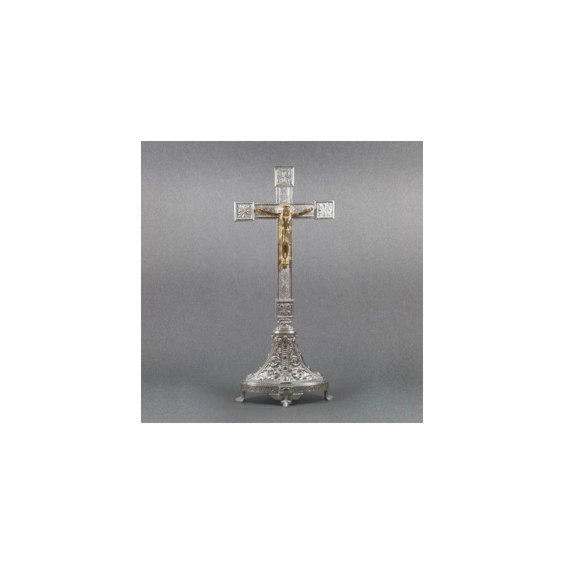 Krzyż ołtarzowy, mosiężny - srebrzony, stojący wys. 53 cm - KRZYŻE OŁTARZOWE, PROCESYJNE - Krzyż ołtarzowy, mosiężny - srebrzony, stojący wys. 53 cm