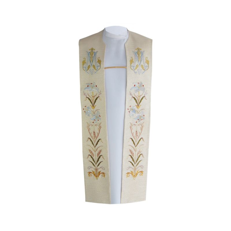 Stuła haftowana Maryjna - emblemat Maryjny + kwiaty - Z POSTACIAMI - Stuła haftowana Maryjna - emblemat Maryjny + kwiaty