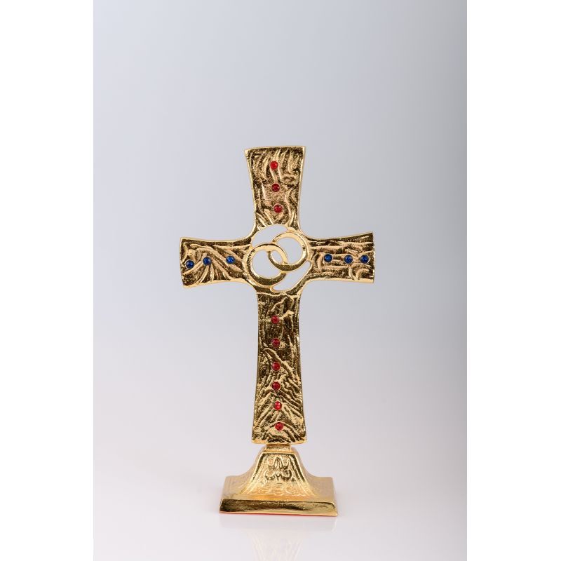 Krzyż stojący ślubny, mosiężny, pozłacany - 25 cm - KRZYŻE OŁTARZOWE, PROCESYJNE - Krzyż stojący ślubny, mosiężny, pozłacany - 25 cm