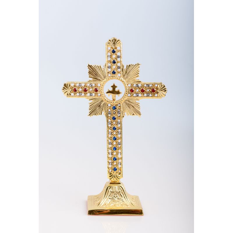 Krzyż stojący nowoczesny, mosiężny, pozłacany - 25 cm - KRZYŻE OŁTARZOWE, PROCESYJNE - Krzyż stojący nowoczesny, mosiężny, pozłacany - 25 cm