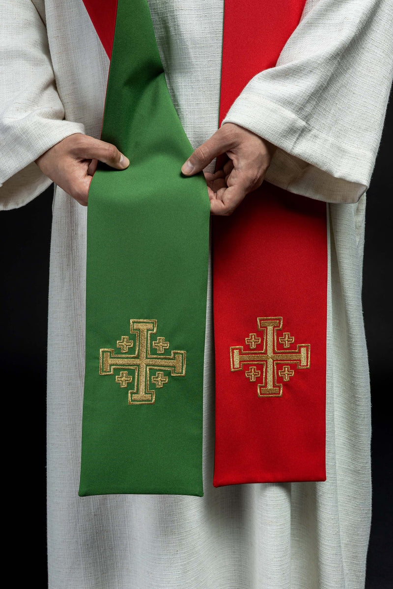 Stuła dwustronna haftowana, Krzyż Jerozolimski zielono- czerwona (29H) - STUŁY NA WIELKI POST - zdjęcie 2