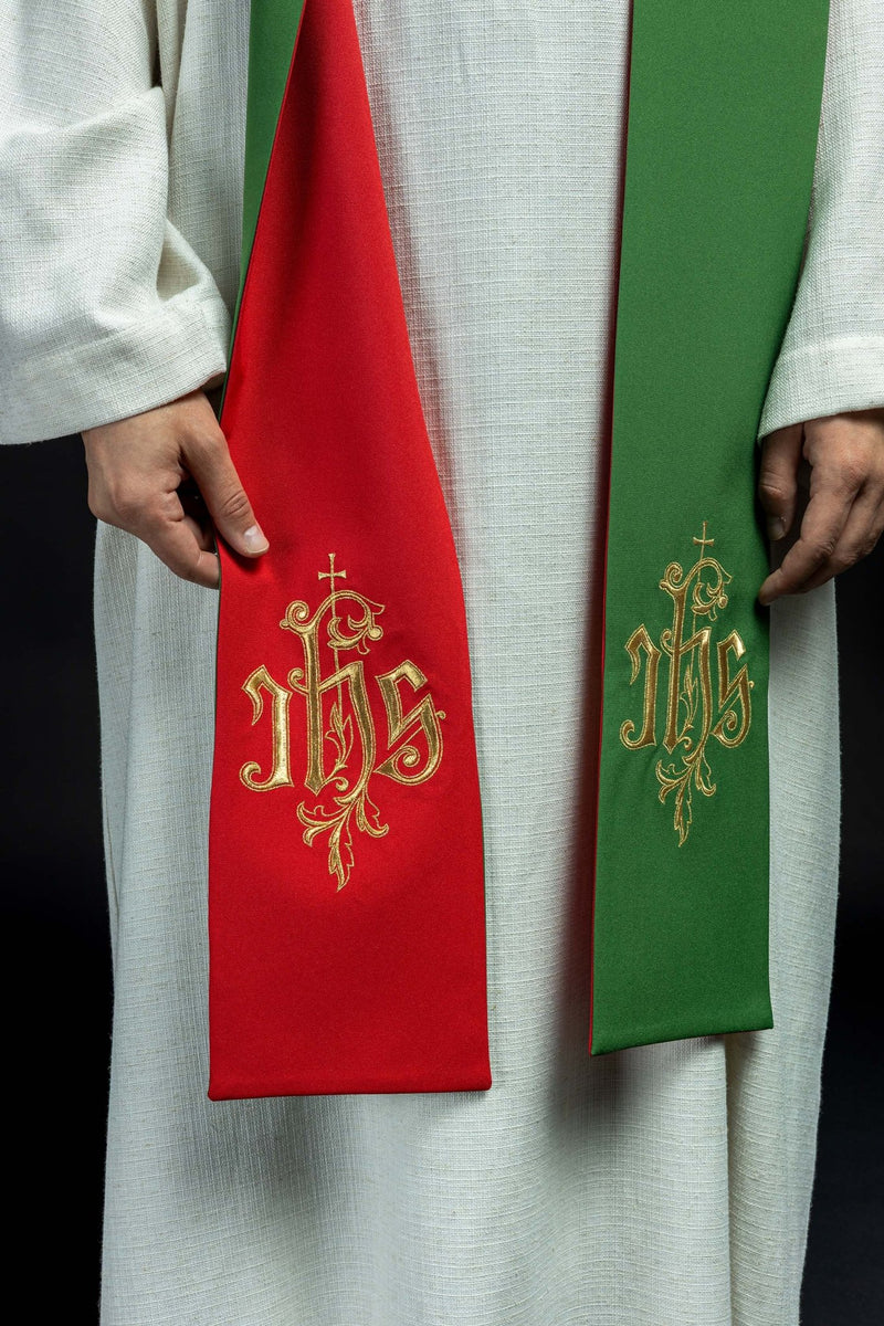 Stuła dwustronna haftowana IHS, zielono- czerwona (31H) - EUCHARYSTYCZNE - zdjęcie 2