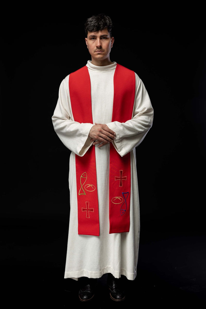 Stuła haftowana czerwona, symbolika chleba, ryby, krzyża (33H) - EUCHARYSTYCZNE