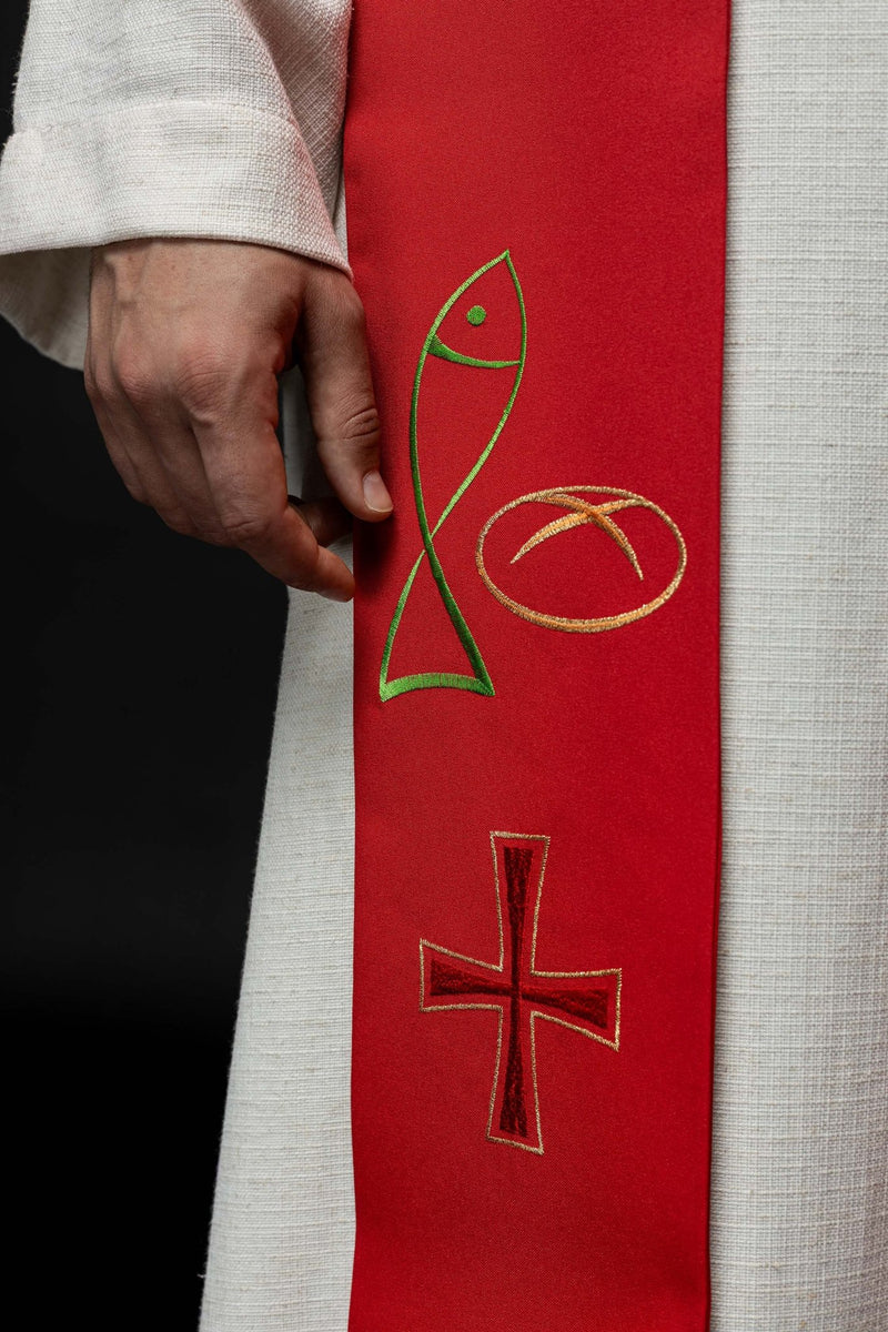 Stuła haftowana czerwona, symbolika chleba, ryby, krzyża (33H) - EUCHARYSTYCZNE - zdjęcie 2