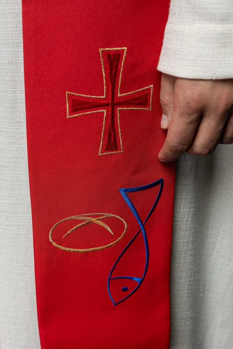 Stuła haftowana czerwona, symbolika chleba, ryby, krzyża (33H) - EUCHARYSTYCZNE - zdjęcie 3