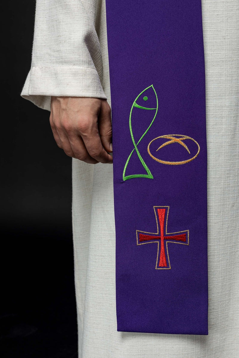 Stuła haftowana fioletowa, symbolika chleba, ryby, krzyża (34H) - EUCHARYSTYCZNE - zdjęcie 2