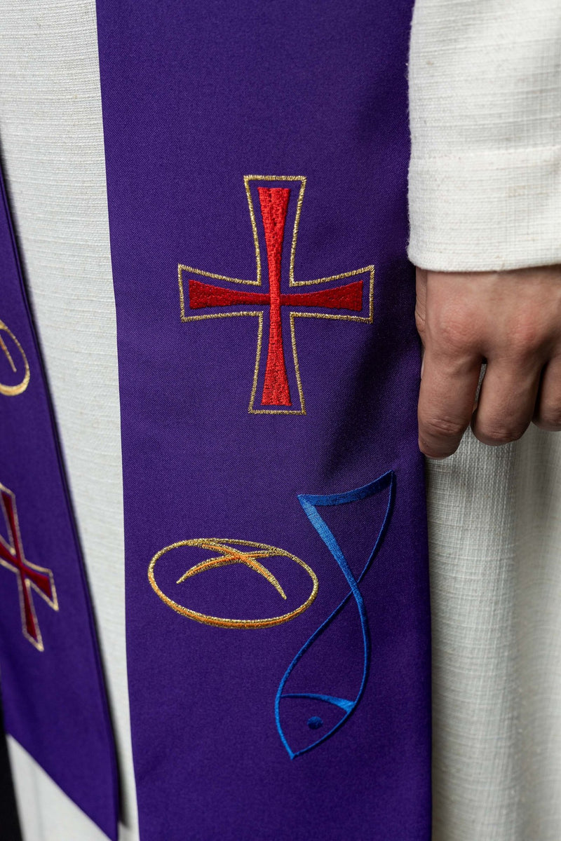 Stuła haftowana fioletowa, symbolika chleba, ryby, krzyża (34H) - EUCHARYSTYCZNE - zdjęcie 3