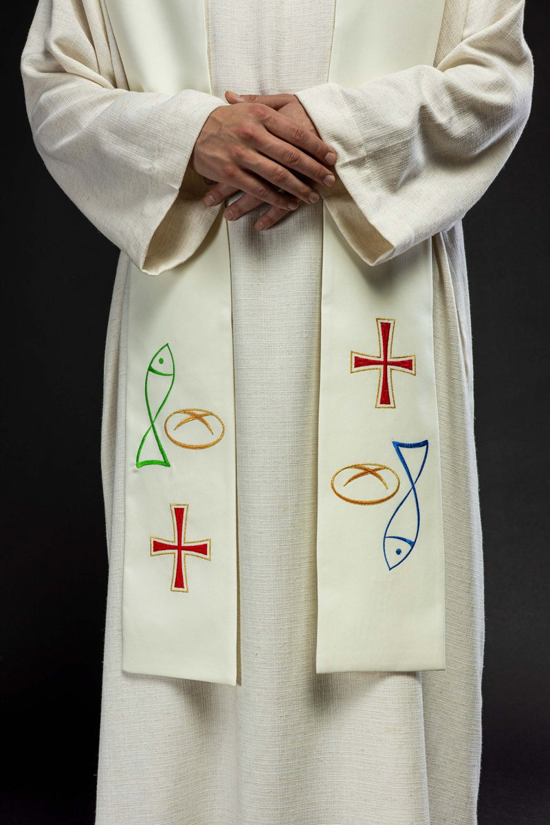 Stuła haftowana ecru, symbolika chleba, ryby, krzyża (35H) - EUCHARYSTYCZNE - zdjęcie 2