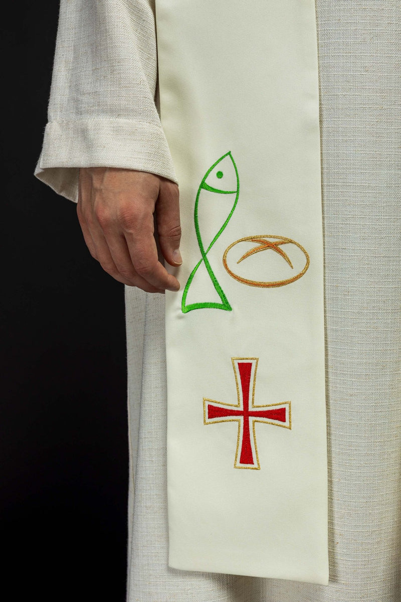 Stuła haftowana ecru, symbolika chleba, ryby, krzyża (35H) - EUCHARYSTYCZNE - zdjęcie 3