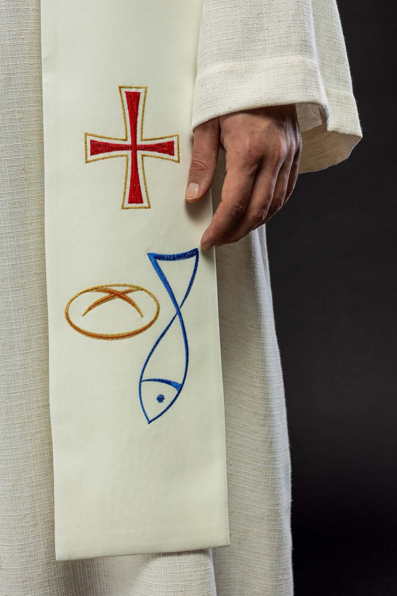 Stuła haftowana ecru, symbolika chleba, ryby, krzyża (35H) - EUCHARYSTYCZNE - zdjęcie 4