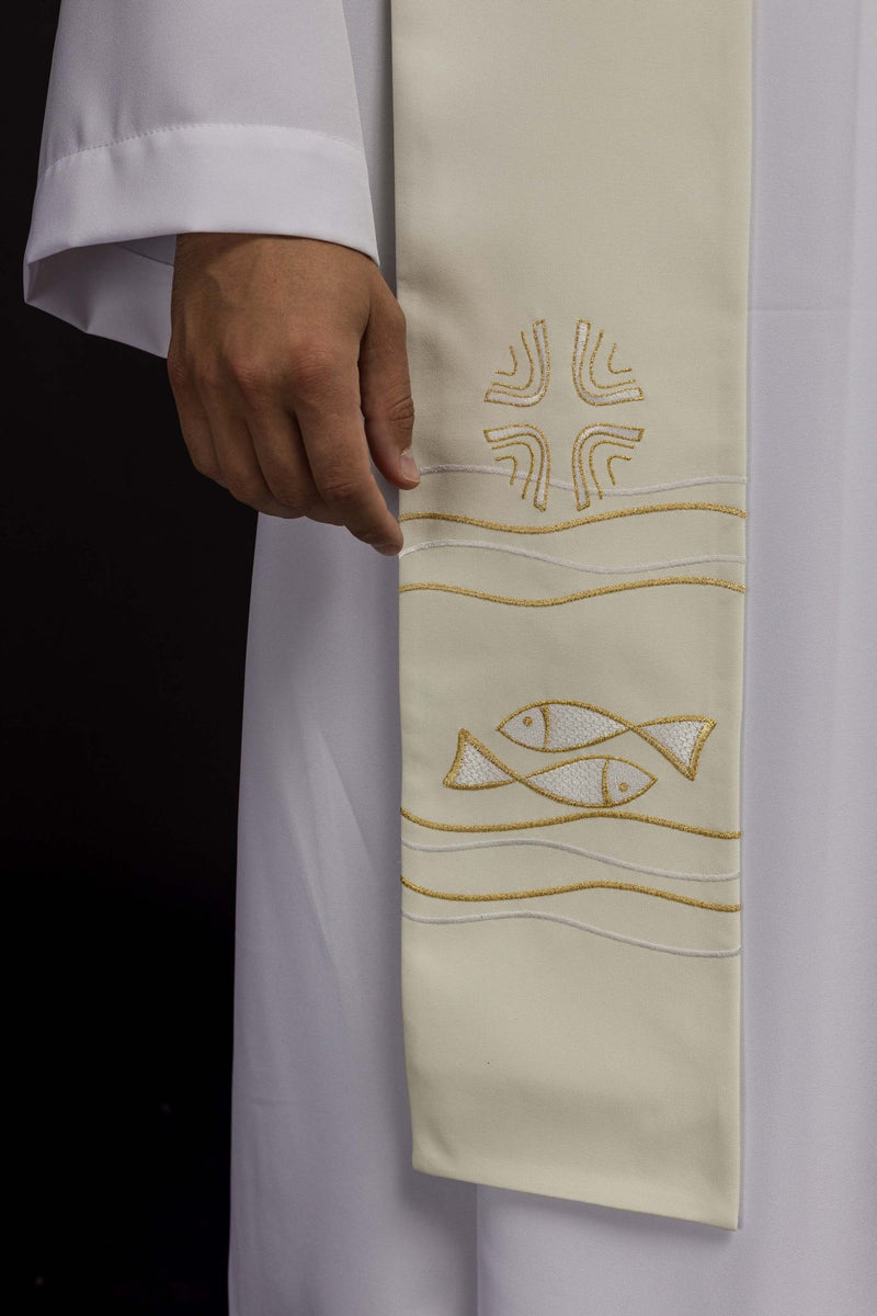 Stuła haftowana ecru, symbolika ryby, krzyża (39H) - EUCHARYSTYCZNE - zdjęcie 2